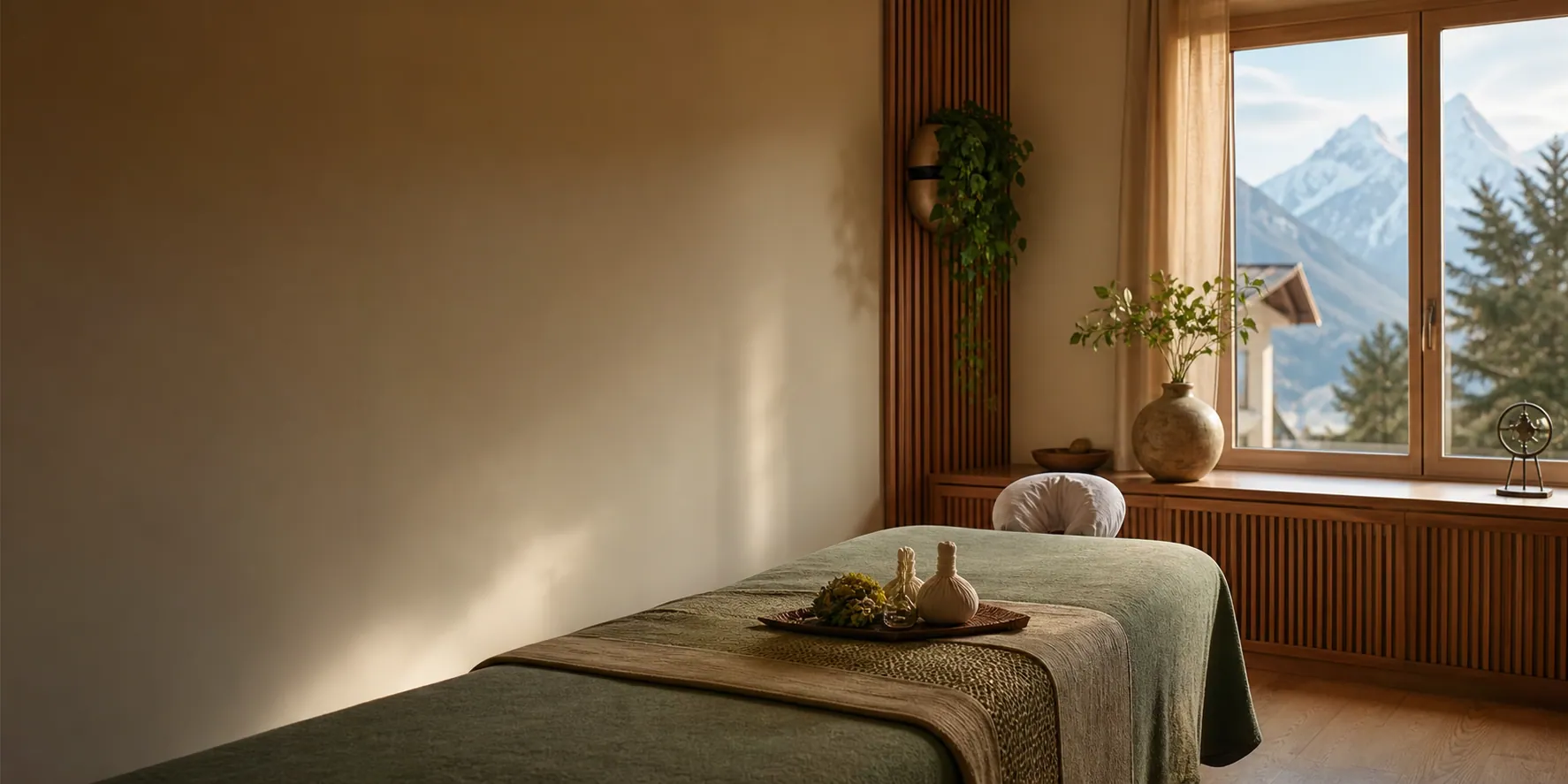 Calm massage treatment room with a view toward the Alps