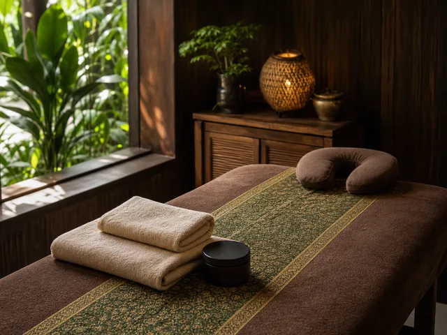 Editorial recovery setting with a prepared massage table and folded towels