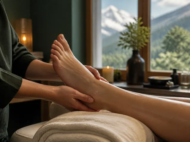Focused foot and lower-leg massage after an active day in the Alps