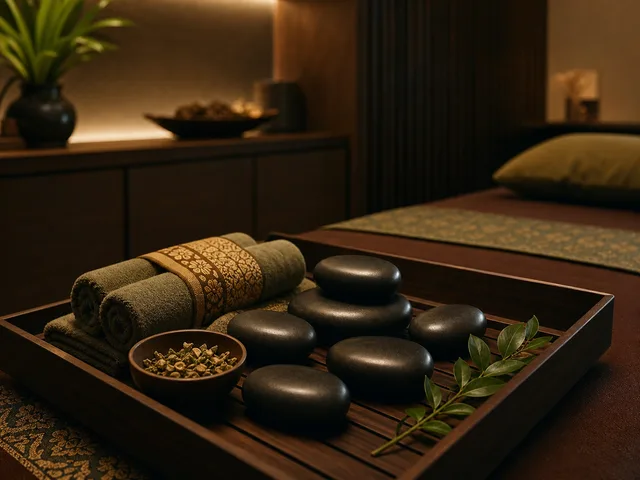 Editorial hot stone massage setting with smooth basalt stones and folded towels