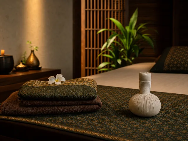 Editorial Thai massage setting with folded textiles and a herbal compress